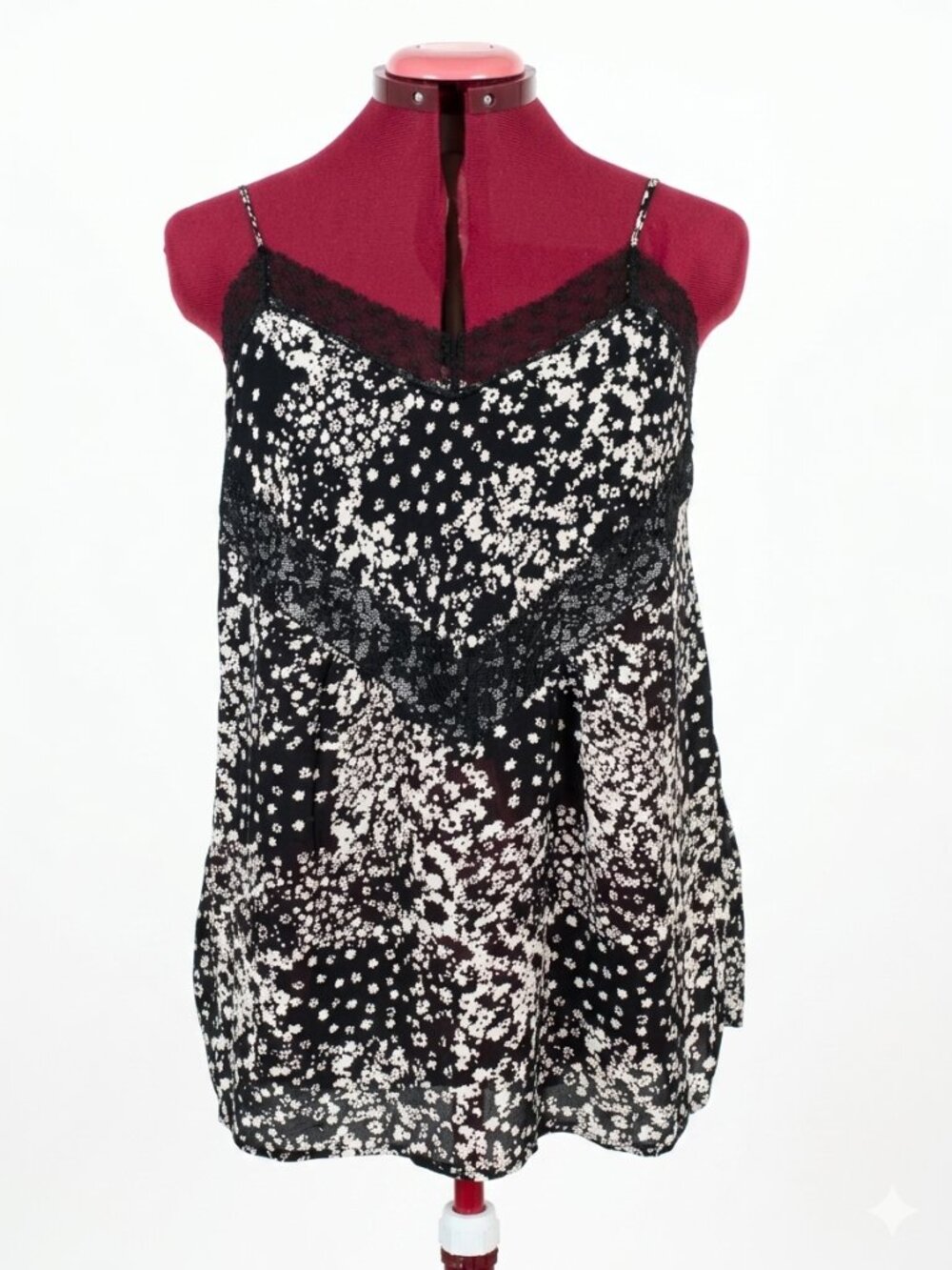 JACOB - Black & White Floral Lace Trim Cami Tank Top Camisole - large